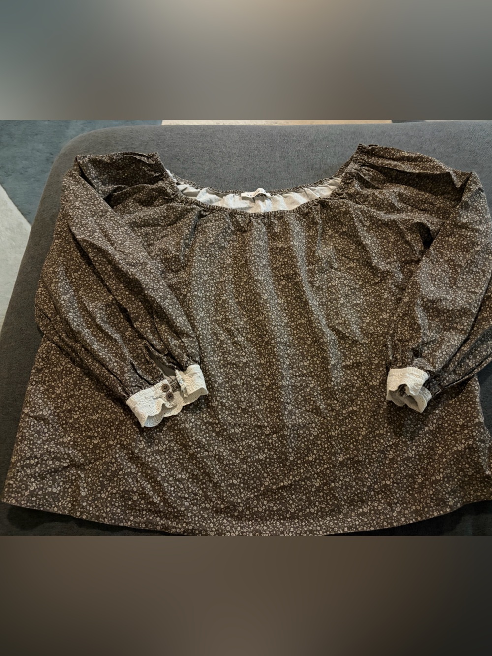 Neuflora Brown Floral Smocked-Neck Peasant Blouse with Lace Cuffs